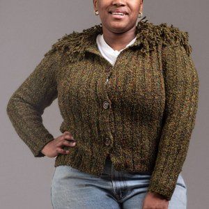 Ruby Rd Green Fringe Collar Cardigan Sweater Size L